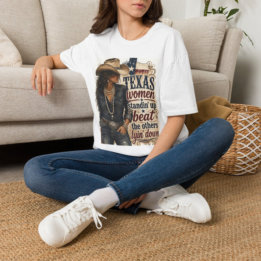 Texas Women T‑Shirt — "Texas Women Standin' Up to Beat the Others Lyin' Down" Vintage Cowgirl Tee