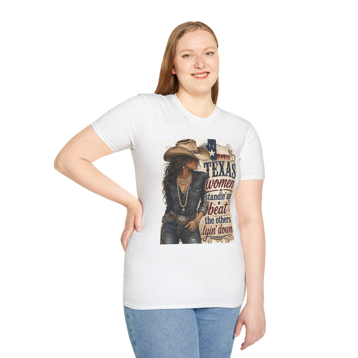 Texas Women T‑Shirt — "Texas Women Standin' Up to Beat the Others Lyin' Down" Vintage Cowgirl Tee