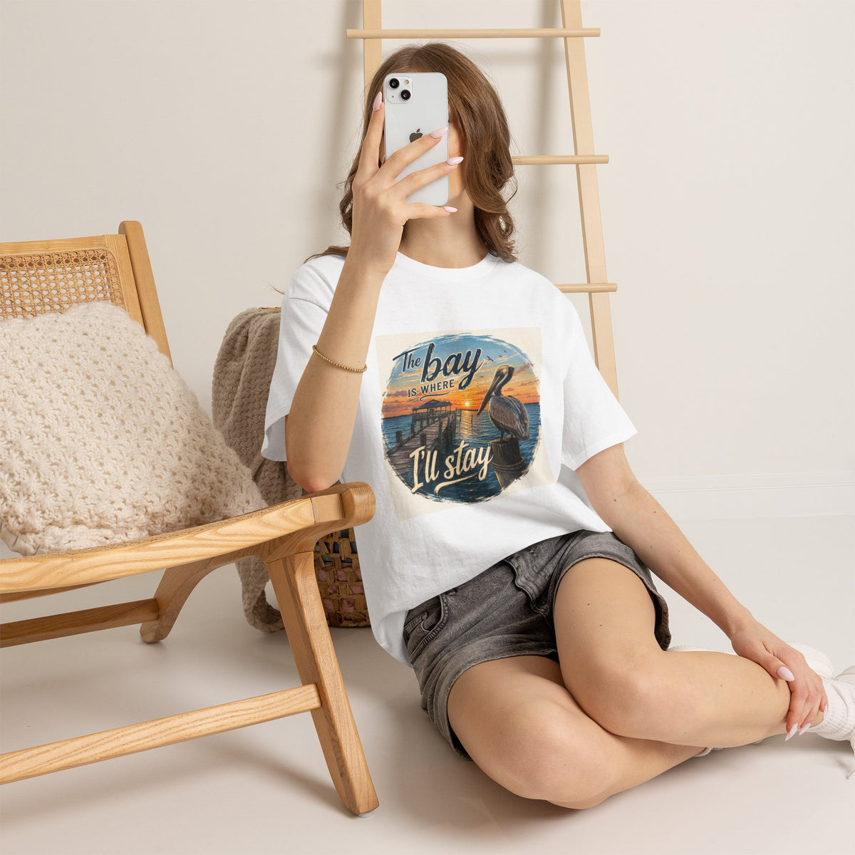 Bay Sunset Pelican Tee — “The Bay Is Where I’ll Stay” Beach T‑Shirt